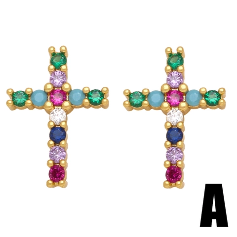 Colorful Zircon Cross Stud Earrings Gold Plated Copper Earring Post Fashion Jewelry For Women Elegant Accessory