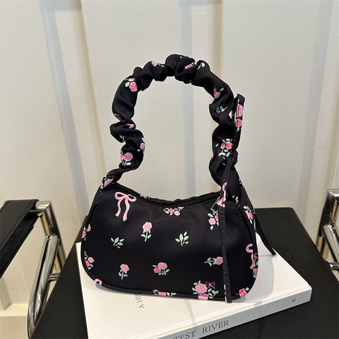 Women Floral Print Underarm Bag Fabric Canvas Ruched Shoulder Strap Bow Knot Zipper Closure Casual Vintage Sweet Style