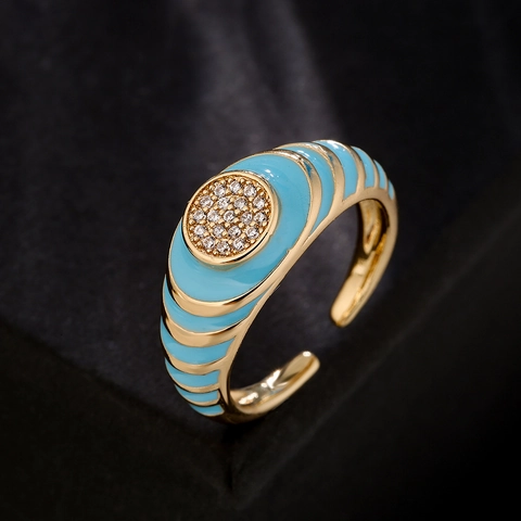 Geometric Open Ring 18K Gold Plated Copper Enamel Colorful Stripes Micro Pave Zircon Adjustable Retro Jewelry For Women