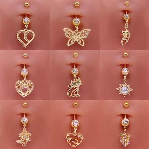 Belly Button Ring Navel Piercing Jewelry Stainless Steel Gold Rhinestone Dangle Heart Butterfly Cat Flower For Women