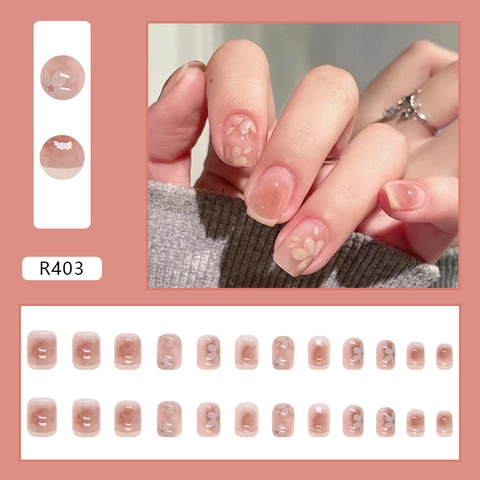 Press On Nägel Pinker Farbverlauf Weißes Sakura Blumen Design Kurze Eckige Runde Form Glänzend Süßer Stil Frauen Abnehmbar