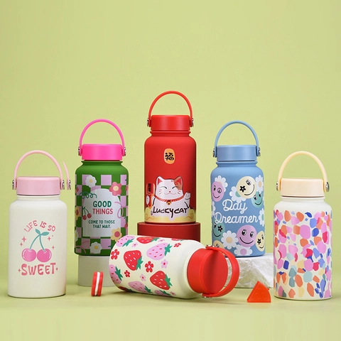 Vakuumisolierte Wasserflasche 304 Edelstahl Weithals Tragbarer Griff Sport Reisen Thermoskanne Blumen Smile Muster