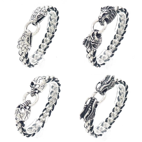 Men Stainless Steel And Cowhide Leather Braided Bracelet With Animal Head Lion Snake Dragon Skull Punk Vintage Jewelry