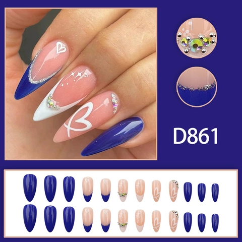 Blaue Französische Press On Nägel Mandelform Herzmuster Strass Glitzer Luxus Künstliche Fingernägel Frauen