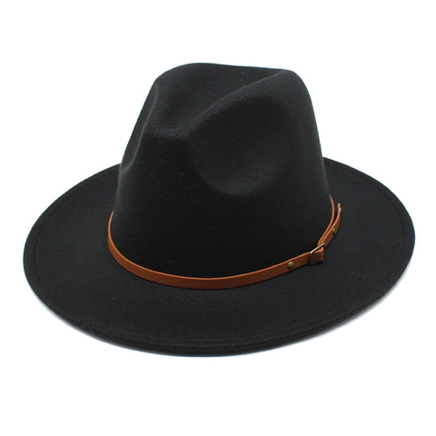 Vintage British Style Jazz Fedora Hat Polyester Felt Wide Flat Brim Brown Leather Belt Metal Buckle Retro Unisex