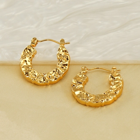 Pendientes De Aro Martillados Franceses Retro Acero Inoxidable Chapado En Oro De 18K Joyería Para Mujer