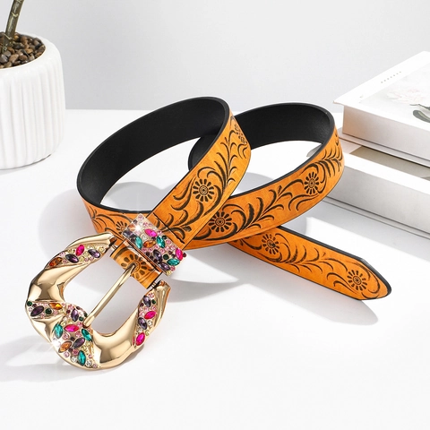 Women PU Leather Belt Embossed Floral Feather Pattern Gold Alloy Buckle Colorful Rhinestone Retro Western Bohemian Style