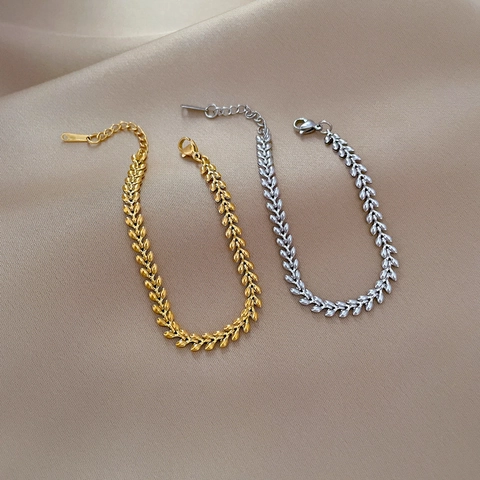 Wheat Ear Link Bracelet Minimalist Stainless Steel Gold Plated Adjustable Leaf Chain Vintage Style Jewelry For Women