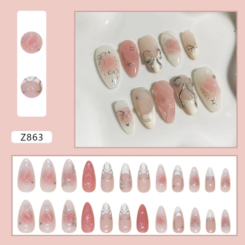 Roze Verloop Press On Nails Met 3D Strik En Sterren Franse Stijl Amandelvorm Kunstnagels Zoet Ins Ontwerp