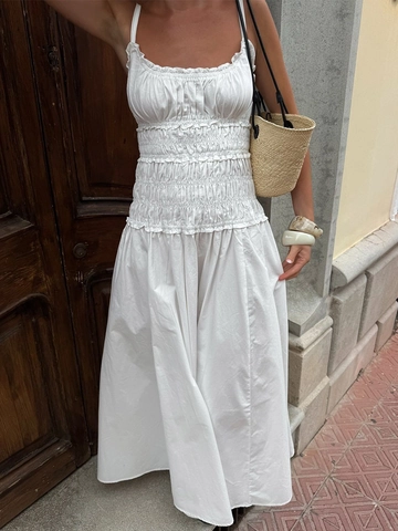 Women Cotton Maxi Dress Smocked Bodice Spaghetti Strap Ruffle Trim Square Neck High Waist Summer Vacation French Style