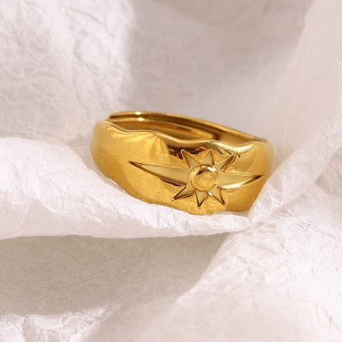 Starburst Open Ring Stainless Steel 18K Gold Plated Adjustable Minimalist North Star Vintage Jewelry For Women