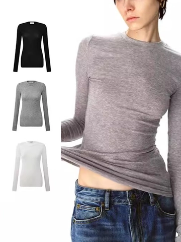 Women Slim Fit Long Sleeve T-Shirt Wool Tencel Blend Round Neck Elastic Lightweight Soft Base Layer Top