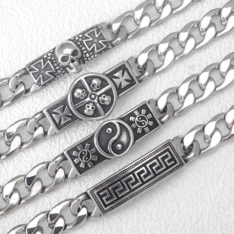 Stainless Steel Cuban Link Bracelet For Men Boys Gothic Punk Hip Hop Skull Cross Tai Chi Greek Key Plaque Silver Tone