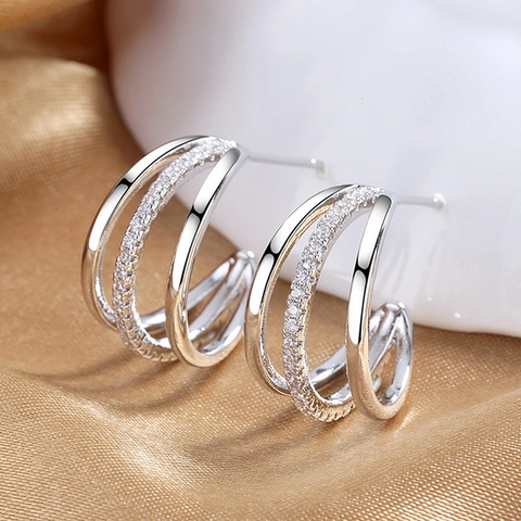 Drie Rijen C-Vormige Creolen Koper Cubic Zirconia Inlay Minimalistische Mode-Sieraden Voor Dames