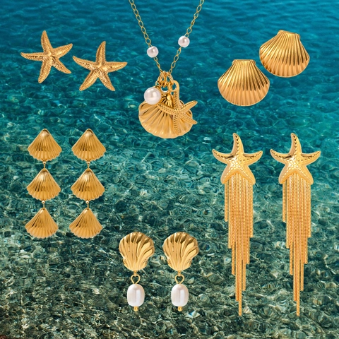 Pendientes Y Collar De Perlas Artificiales Con Concha De Estrella De Mar Dorada De Acero Inoxidable Tema Del Océano Joyería Para Mujeres