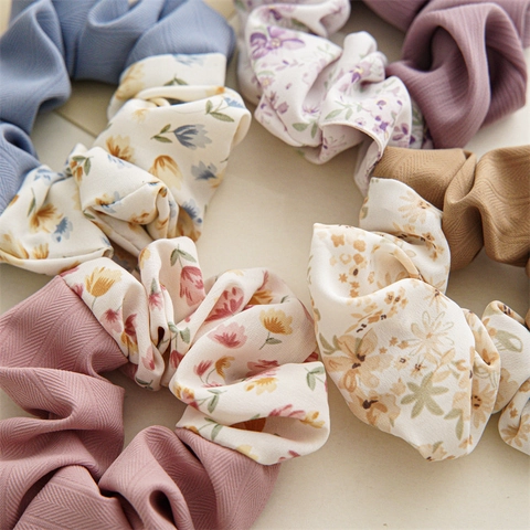 Scrunchie Floreale Bicolore Elastico Capelli Tessuto Fatto A Mano Stile Pastorale Dolce Supporto Per Coda Di Cavallo