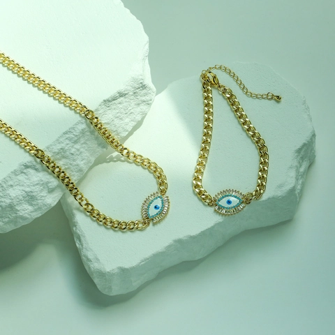 Evil Eye Ketting En Armband Roestvrij Staal Zirkoon Emaille Hanger Cubaanse Schakelketting Sieraden Voor Dames