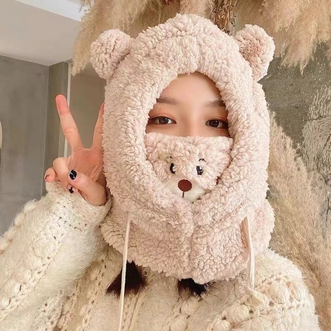 Integrated Hat Scarf Mask Sherpa Fleece Thick Warm Winter Outdoor Windproof Plush Bear Ear Hooded Cap For Women