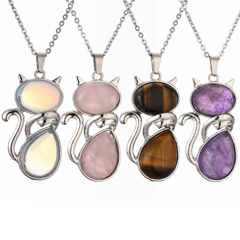 Collana con Ciondolo in Pietra Preziosa a Forma di Gatto Vintage in Rame Ametista Occhio di Tigre Quarzo Rosa Gioielli Animali per Donna Uomo