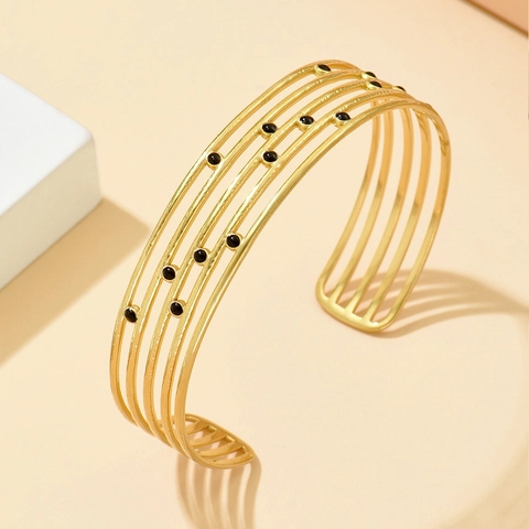 Vintage Meerlaagse Holle Manchetarmband Roestvrij Staal Parallelle Lijnen Zwarte Druppelolie Verstelbare Open Armband Voor Dames