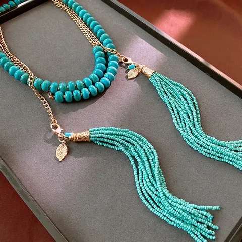 Collana Con Nappe Bohémien Con Turchese Sintetico Pendente Foglia Dorata In Lega Gioielli Vintage Multistrato Per Donna