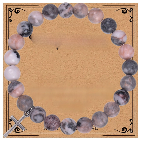 Bracciale Di Perline In Pietra Naturale Con Ciondolo A Croce In Lega Gioielli Carta Di Benedizione Religiosa Per Battesimo