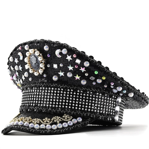 Glänzender Pailletten Militärhut Mit Strass Künstliche Perlen Dekoration Cameo Pin Für Bühne Nachtclub Party Performance Kapitänsmütze