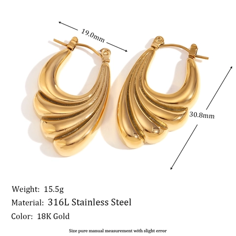 Orecchini A Cerchio A Onde Testurizzate Acciaio Inossidabile Placcato Oro 18K Design Ala Minimalista Gioielli Da Donna