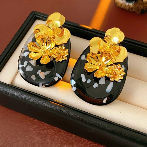 Pendientes Vintage Con Flor Dorada Resina Terrazzo Estilo Ovalado Y Silver Earring Post Para Mujeres