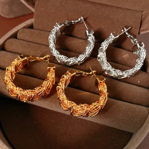 Gevlochten Draad Hoop Oorbellen Met Zilveren Oorsteker Koper Geometrisch Gaas Vogelnest Rond Sieraden Voor Dames Elegant