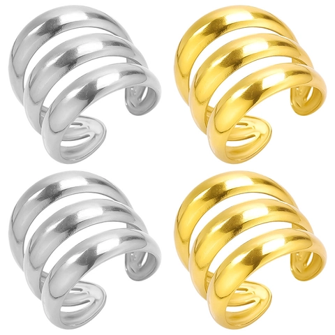 Stainless Steel Rings For Women Minimalist Multi Layer Curved Lines 18K Gold Plated Adjustable Open Ring High Polished Geometric
