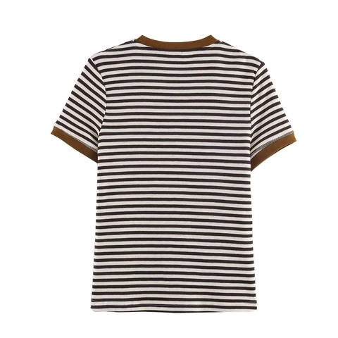 Gestreiftes Kurzarm T-Shirt Damen Rundhalsausschnitt Kontrastbesatz Strick Polyester Lässig Braun Weiß