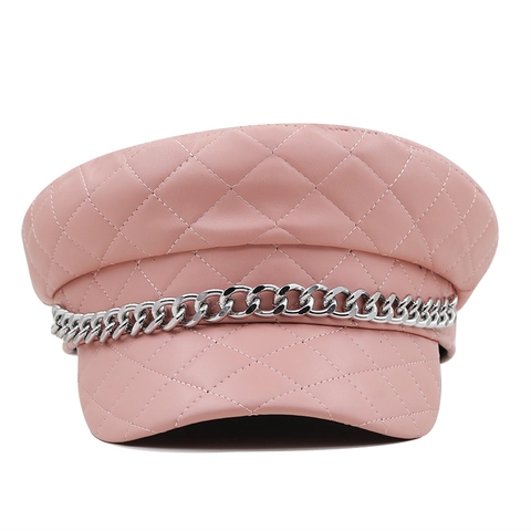 Gewatteerde PU Leren Newsboy Cap Voor Dames Met Metalen Ketting Decor Retro Platte Militaire Pet Vintage Britse Stijl