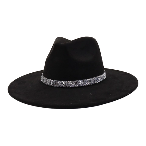Elegant Fedora Hat For Women Men Vintage Wide Brim Felt Suede Jazz Cap With Sparkling Rhinestone Band Heart Shape Top