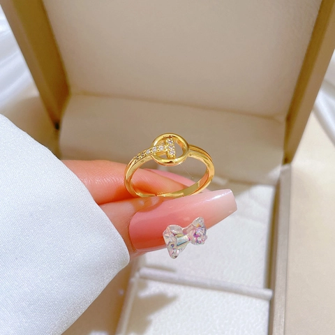 Gold Plated Brass Ring Round Circle T Letter Inlaid Zircon Open Adjustable Minimalist Jewelry For Women