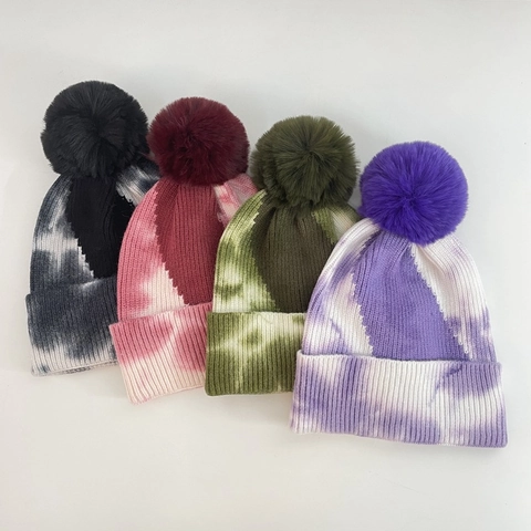 Bonnet En Maille Tie Dye Viscose Polyester Nylon Avec Pompon En Fausse Fourrure Hiver Chaud Tricot À Revers Hommes Femmes