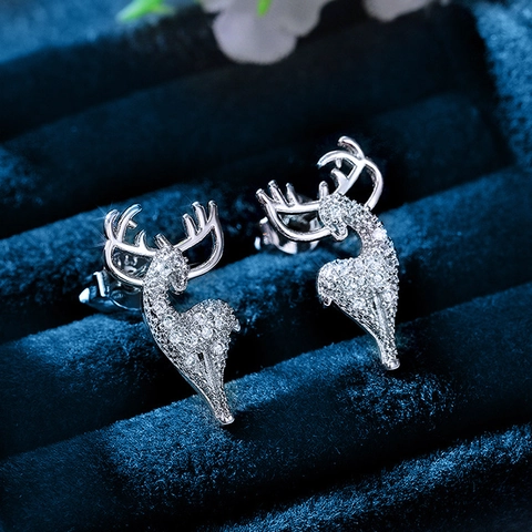 Elk Deer Stud Earrings Copper With Zircon Inlaid Christmas Winter Theme Elegant Jewelry Gift For Women Girls Shiny