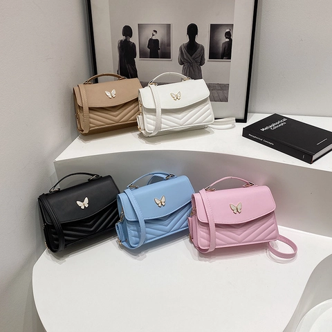 Piccola Borsa Quadrata Trapuntata da Donna Fibbia a Farfalla Pelle PU Borsa a Mano Tracolla Tinta Unita Borsa a Spalla