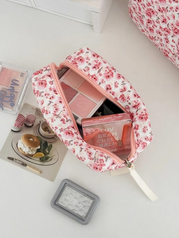 Florale Cord Kosmetiktasche Süße Rose Blume Make-up Organisator Tragbare Reise Waschbeutel Für Frauen Mädchen Weich Vintage