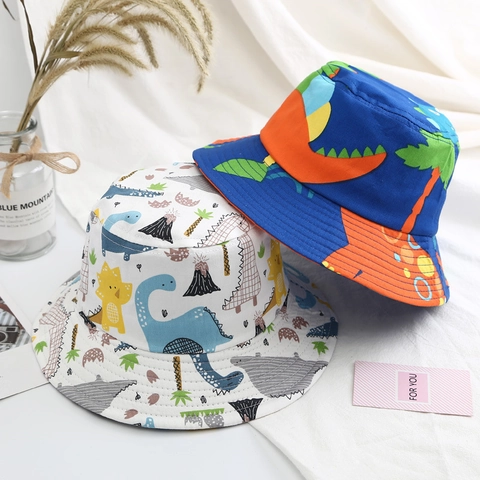 Kids Cartoon Bucket Hat Breathable Cotton Sun Protection Fisherman Hat With Dinosaur Elephant Cactus Print For Boys Girls