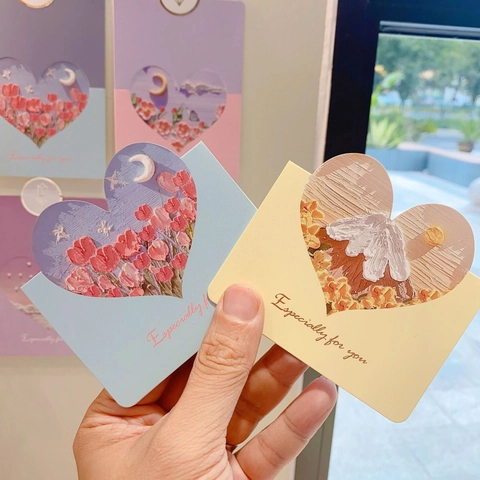 Heart Shaped Hollow Out Greeting Cards 3D Oil Painting Texture Flower Landscape For Valentine Day Birthday Wedding Gift