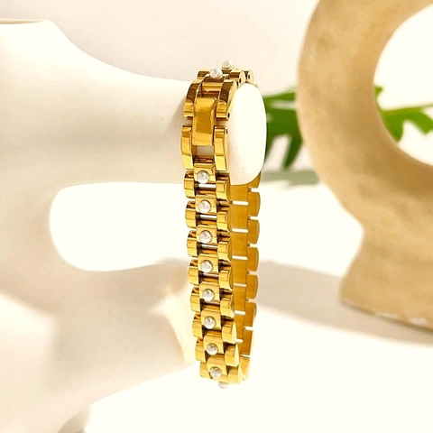 Luxury Stainless Steel Watch Band Bracelet 18K Gold Plated Faux Artificial Pearl Inlaid High End Unisex Non Fading Jewelry