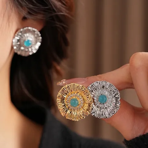 Orecchini A Lobo Vintage Girasole Tondi In Rame Con Zircone Turchese Sintetico E Silver Earring Post Per Donna Retro