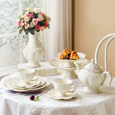 Stoviglie In Ceramica Goffrata Stile Francese Vintage Tazza Da Caffè Piattino Teiera Piatto Alzatina Per Dolci Vaso Decorazione
