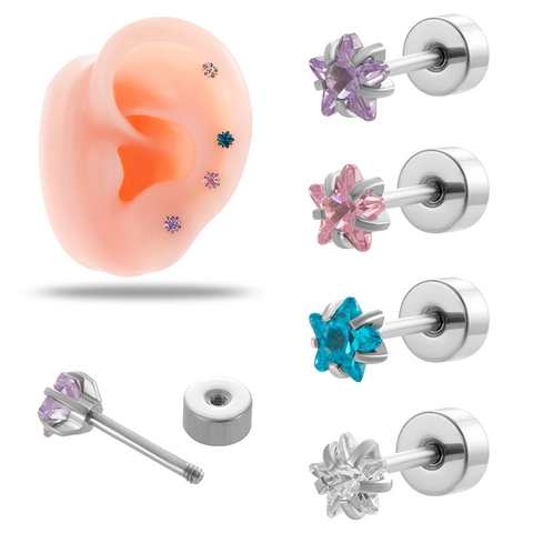 Star Stud Earrings Stainless Steel Zirconia Screw Back Cartilage Helix Piercing Jewelry Colorful For Women