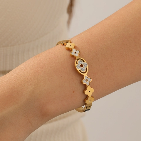 Bracciale Rigido Fiore Trifoglio Acciaio Inossidabile Smalto Bianco Rhinestone Gioielli Eleganti Per Donna Placcato Oro