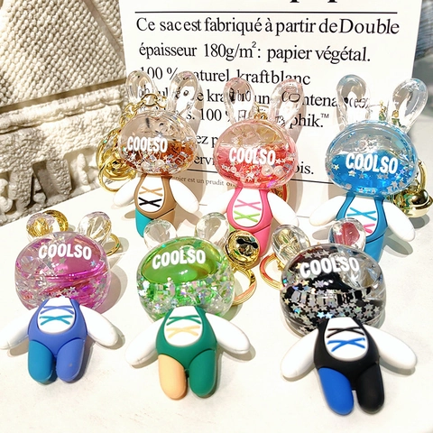 Süßer Cartoon Treibsand Hase Schlüsselanhänger Für Damen Flüssiger Glitzer Kaninchen Schlüsselring Tasche Charm Auto Anhänger Deko