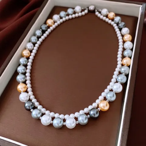 French Style Double Layer Artificial Pearl Necklace For Women Elegant Copper Beaded Choker With Luxury Rhinestone Accents
