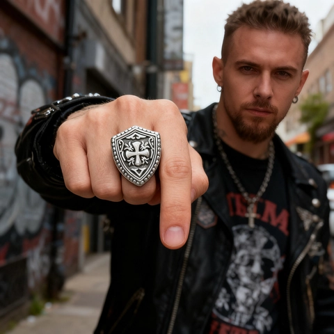 Anillo Sigillo Scudo Vintage Acciaio Inossidabile Incisione Croce Totem Retrò Gioielli Gothic Punk Per Uomo