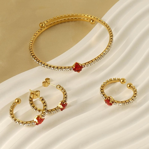 Vintage Roestvrij Staal 18K Verguld Vierkante Zirkon Strass Armband Oorbellen Ring Sieraden Voor Dames Geometrische Mode